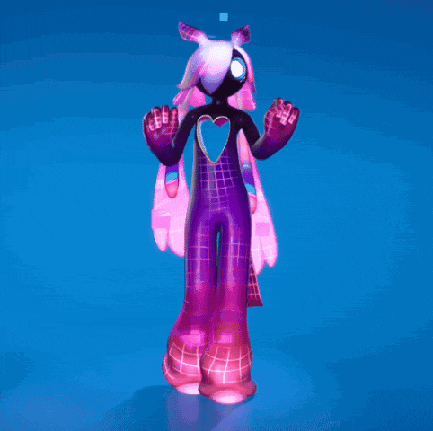 a purple and pink cartoon character with a heart on his chest