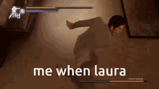 a man and woman are fighting in a video game and the woman is saying me when laura