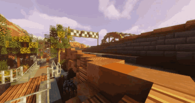 a checkered sign hangs over a wooden bridge in a video game