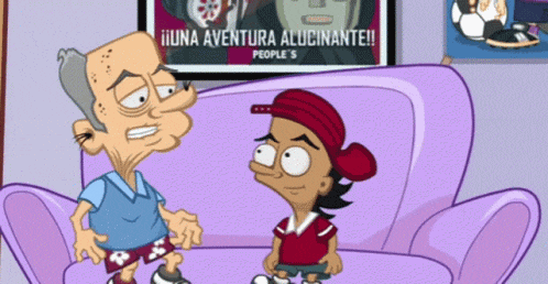 two cartoon characters are sitting on a couch in front of a poster that says " una aventura alucinante "
