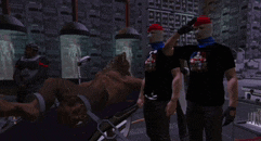 two men wearing masks salute in front of a man in a cage