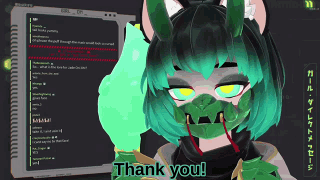a video of a girl wearing a green mask and a thank you message