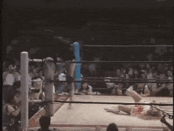 a wrestling match is being played in a ring with a crowd watching .