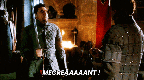 a man holding a sword says mecreaaant while standing next to another man