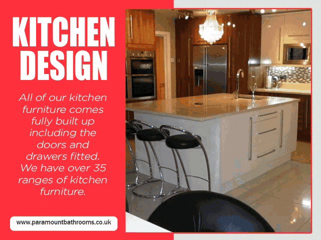 an advertisement for kitchen design shows a kitchen with a large island
