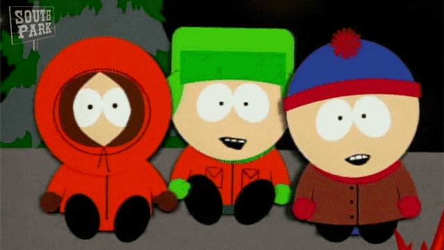 three cartoon characters from south park sit next to each other