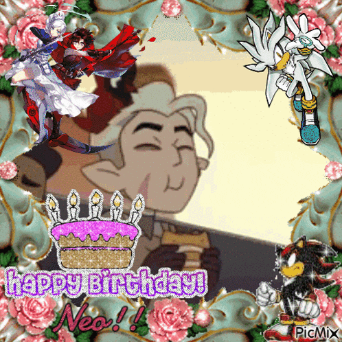 a picture of a man with a cake and the words " happy birthday neo "