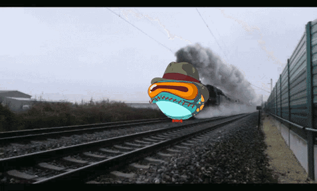 a cartoon of a frog riding a train with the word perry on his hat