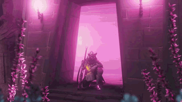 a video game character is kneeling in a doorway with purple smoke coming out of it