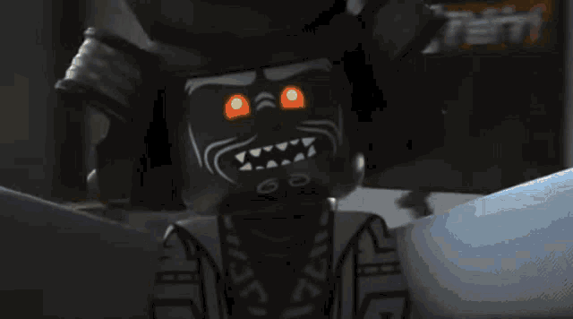a close up of a lego figure with glowing eyes