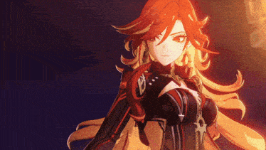 a girl with long red hair is wearing a black top with a star on it