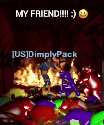 a cartoon of a man standing in front of a fire with the words " my friend !!! "