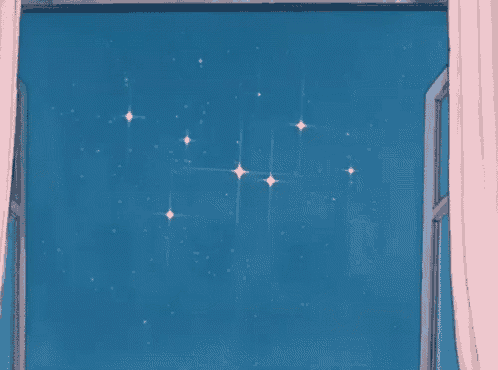 a window with a pink curtain and a blue sky with stars coming out of it .