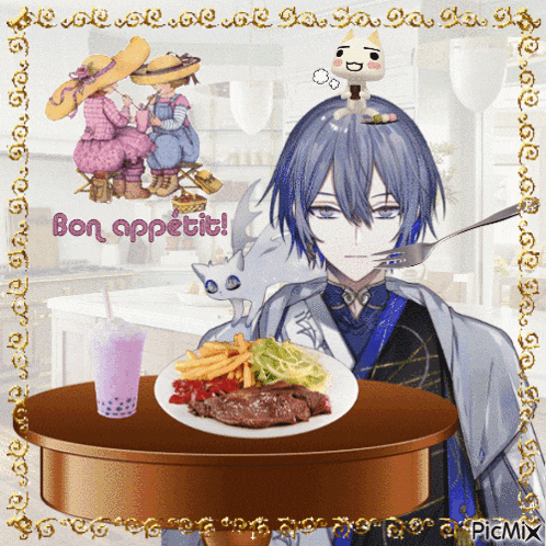 a picture of a boy eating a plate of food with the words bon appetit written on it