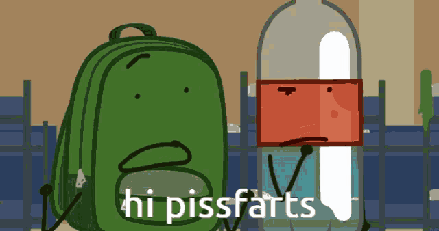 a green backpack is standing next to a bottle that says hi pissfarts on it