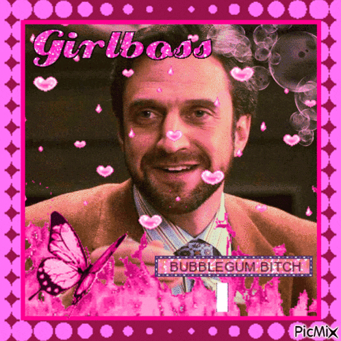 a man in a suit and tie is surrounded by pink butterflies and the words girl boss