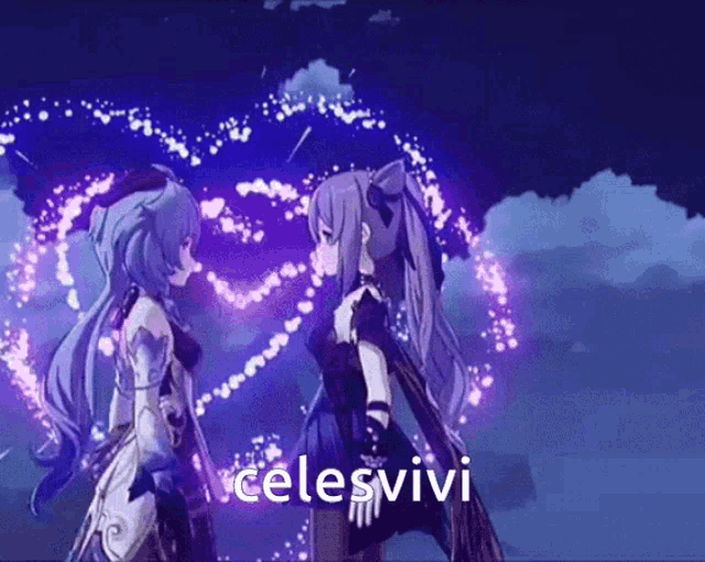 two anime girls are standing next to each other and the words celesvivi are visible