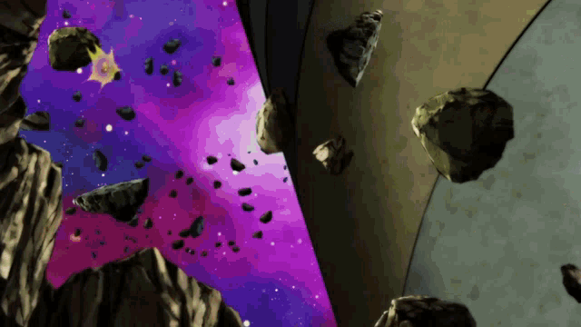 a purple and blue background with rocks flying in the air