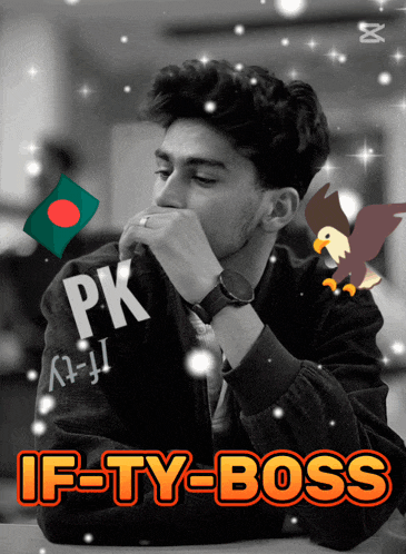 a black and white photo of a man with the words if-ty-boss on it