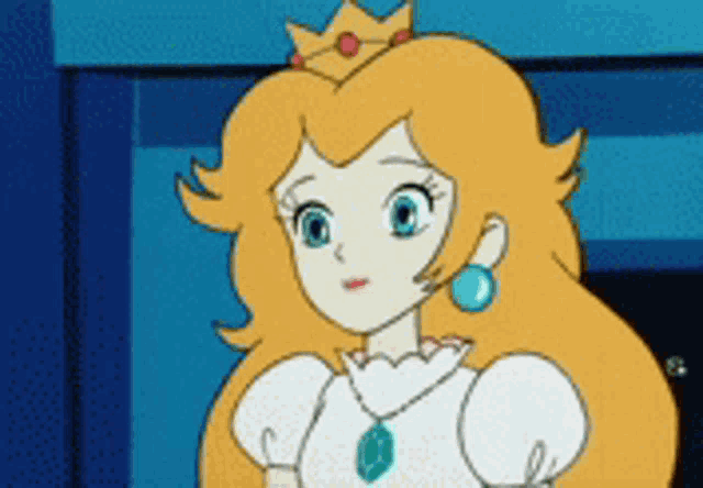 a cartoon of princess peach wearing a white dress and a necklace