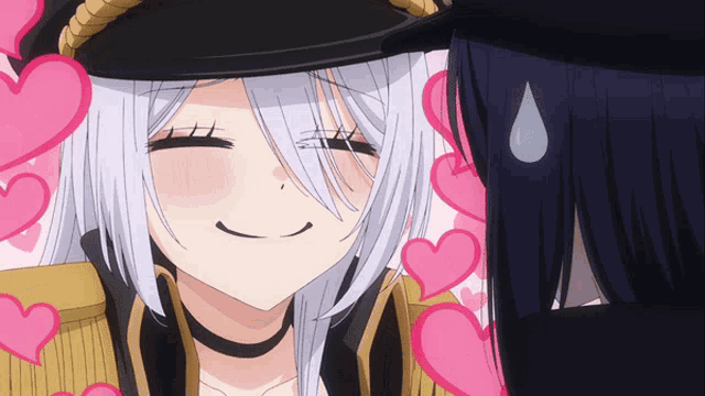 a girl with white hair and a black hat is smiling