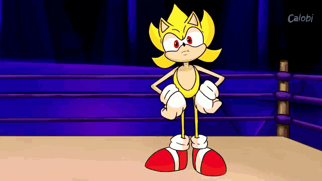 a cartoon of super sonic standing in a boxing ring with the name calobi on the bottom