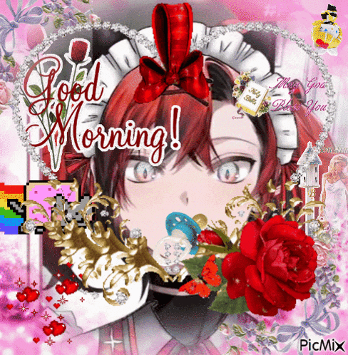 a picture of a girl surrounded by red roses with the words good morning