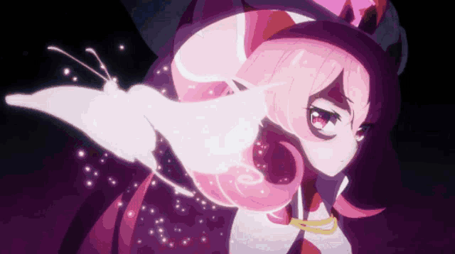 a girl with pink hair and a purple hat is holding a butterfly