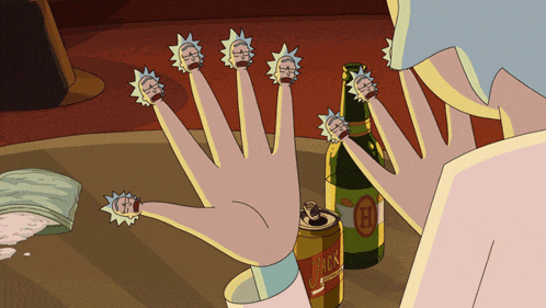 a cartoon drawing of a hand with rick 's faces on the fingers