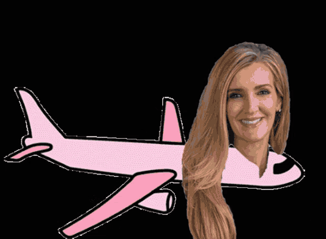 a woman is smiling in front of a drawing of a pink airplane