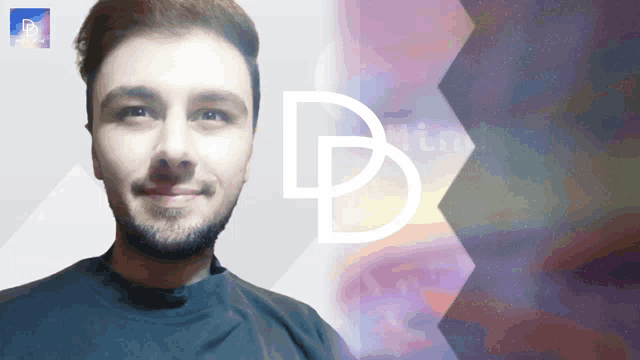 a man with a beard is smiling in front of a purple background with the letter d