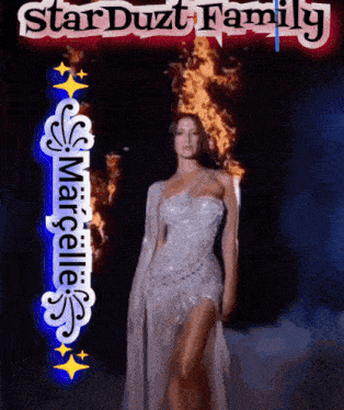a woman in a white dress is standing in front of a fire and the words stardust family are visible