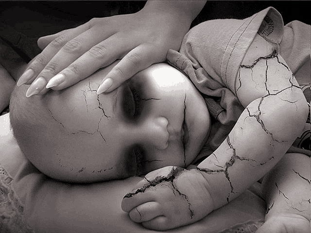 a baby with a cracked face is being held by a woman 's hand