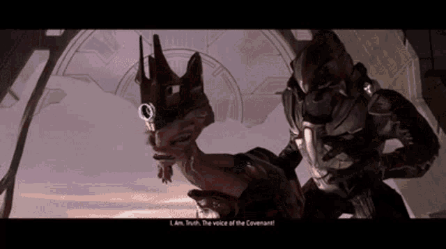 a video game character is talking to another character and says i am truth the voice of the covenant .