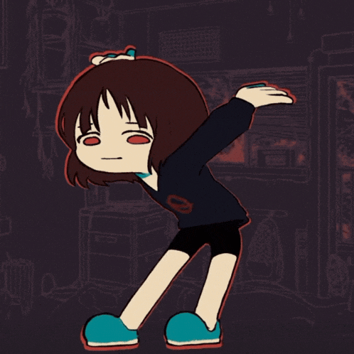 a cartoon drawing of a girl wearing a black shirt with a circle on it