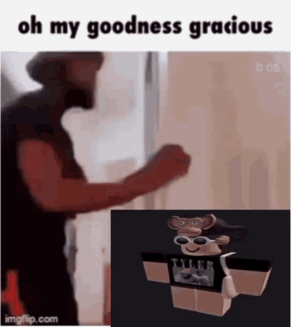 a man is standing in front of a door next to a picture of a monkey with sunglasses .