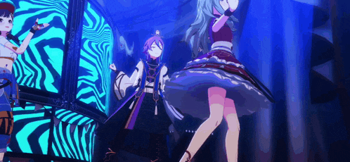 a group of anime characters are dancing on a stage in a video game .