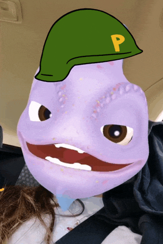 a cartoon character wearing a green helmet with a yellow p on it