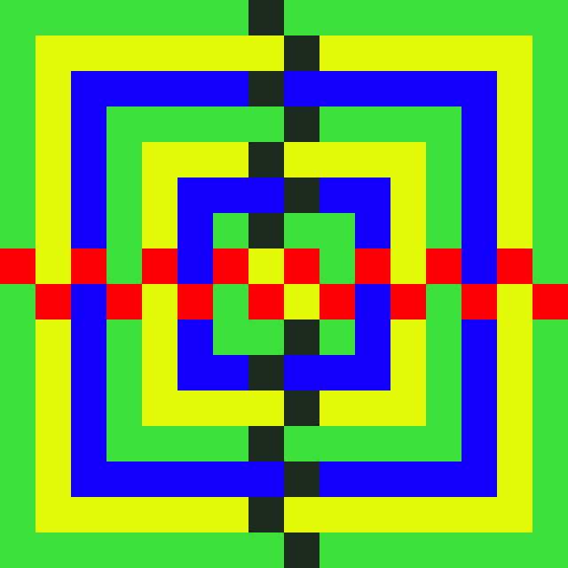 a yellow , blue , green and red striped background with a red stripe in the middle