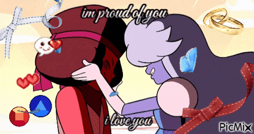 a couple of cartoon characters hugging with the words in proud of you i love you on the bottom