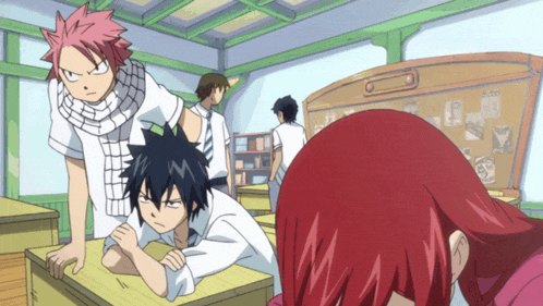 a group of anime characters in a classroom including a girl with red hair and a boy with gray hair