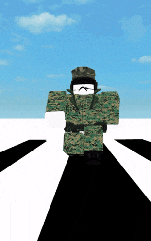 a soldier in a camouflage uniform is standing on a black and white striped road