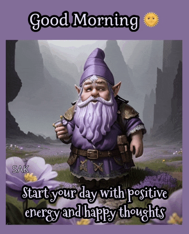 a picture of a gnome with the words good morning start your day with positive energy and happy thoughts below it