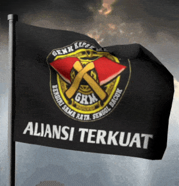 a black flag that says ' alliansi terkuat ' on the bottom