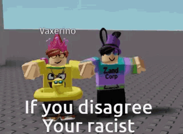 a couple of roblox characters are standing next to each other and one of them is wearing a purple shirt .