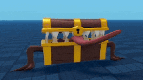a cartoon treasure chest with a long tongue sticking out of it 's mouth