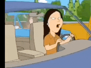 a cartoon woman is driving a car with a surprised look on her face