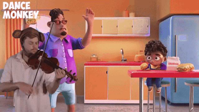 a man playing a violin next to a boy eating a hamburger with the words dance monkey behind him