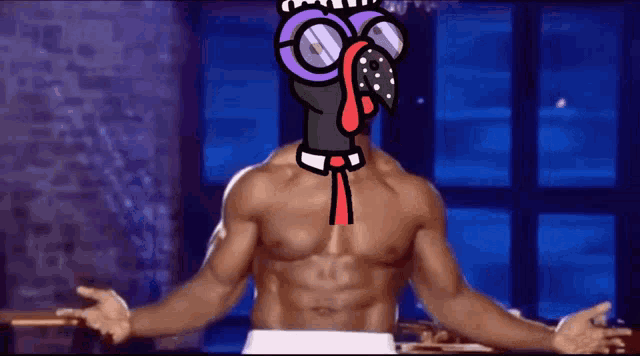a shirtless man with a cartoon turkey head on his face