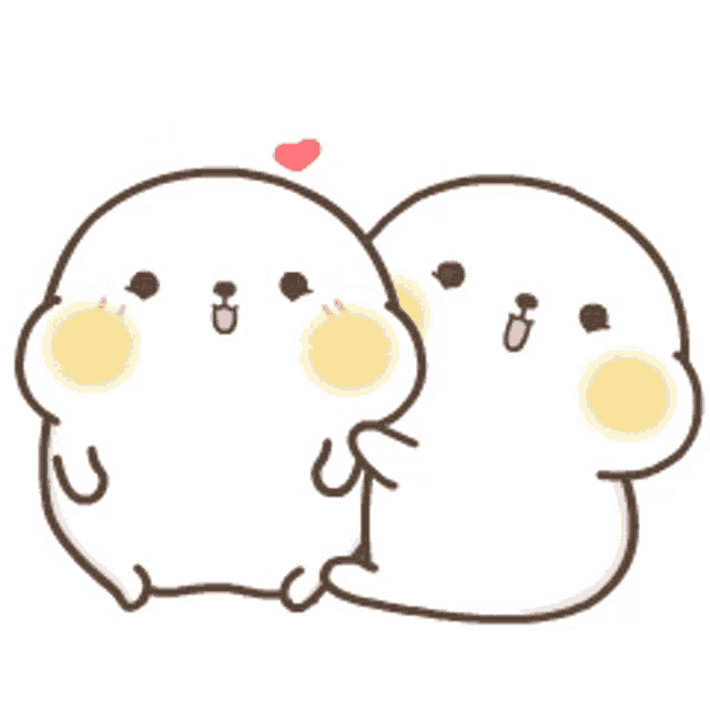 two seals are hugging each other with hearts in the background